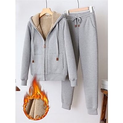Women's 2 Pcs Outfits Women's Fleece Lined Sherpa Sweatsuits Long Sleeve Hoodie and Sweat Pants Winter Thermal Warm Tracksuit Set Zipper Teddy Jacket Windproof Black Lightinthebox