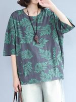 Casual Loose Leaves Print Half Sleeve O-neck Pocket Women T-shirt