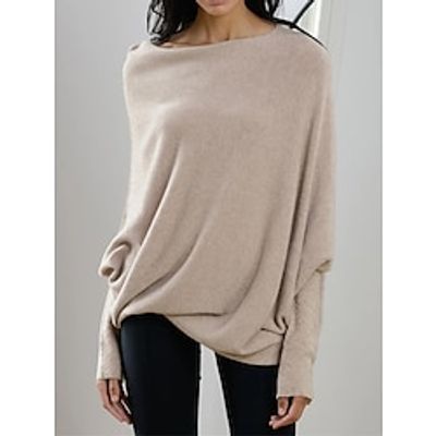 Women's Pullover Sweater Jumper Off Shoulder Ribbed Knit Acrylic Knitted Fall Winter Regular Outdoor Daily Going out Fashion Streetwear Casual Long Sleeve Solid Color Black Pink Navy Blue One-Size miniinthebox