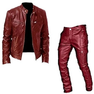 Male Faux Leather Jacket Daily Wear Casual Daily Front Zip Fall  Winter Solid  Plain Color Punk Crew Neck Regular Black Red Jacket Lightinthebox