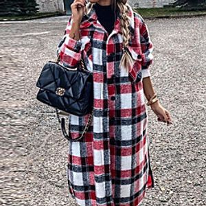 Women's Faux Fur Coat Going out Fall Winter Long Coat Shirt Collar Loose Streetwear Jacket Long Sleeve Plaid Print Black Red miniinthebox