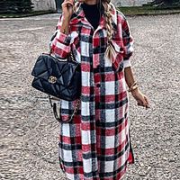 Women's Faux Fur Coat Going out Fall Winter Long Coat Shirt Collar Loose Streetwear Jacket Long Sleeve Plaid Print Black Red miniinthebox - thumbnail