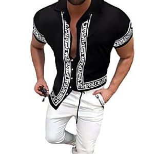 Men's Shirt 3D Print Letter Button-Down Half Sleeve Daily Tops Hip Hop Beach Black  White Lightinthebox