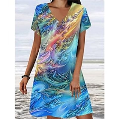 Women's Casual Dress Summer Dress Print Dress Graphic Abstract Print V Neck Mini Dress Fashion Modern Daily Holiday Short Sleeve Loose Fit Aqua Blue Summer Spring S M L XL XXL Lightinthebox