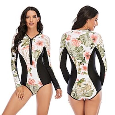 Women's One Piece Swimsuit Rash Guard Elastane Bodysuit Bathing Suit UV Sun Protection UPF50 Breathable Stretchy Long Sleeve Front Zip V Neck - Swimming Surfing Beach Water Sports Floral Autumn miniinthebox