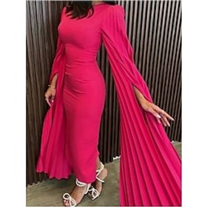 Sheath  Column Evening Gown Elegant Dress Formal Tea Length Christmas Red Green Dress Long Sleeve Jewel Neck Stretch Chiffon with Pleats Ruched 2023 Lightinthebox