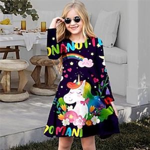 Kids Girls' Dress Animal Letter Unicorn Casual Dress Above Knee Dress Casual Crewneck Crew Neck Long Sleeve Adorable Dress 2-13 Years Winter Black Lightinthebox