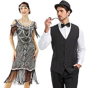 Retro Vintage Roaring 20s 1920s Flapper Dress Outfits Waistcoat Couples Costumes The Great Gatsby Gentleman Men's Women's Sequins Tassel Fringe Cosplay Costume New Year Party Prom Costume miniinthebox