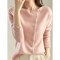 Women's Cardigan Crew Neck Ribbed Knit Polyester Button Knitted Fall Winter Regular Outdoor Daily Going out Stylish Casual Soft Long Sleeve Solid Color Yellow Pink Navy Blue S M L miniinthebox - thumbnail