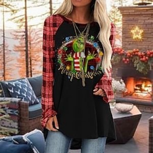 Women's T shirt Tee Black Dark Gray Red Graphic Plaid Print Long Sleeve Christmas Weekend Basic Round Neck Long Painting S Lightinthebox