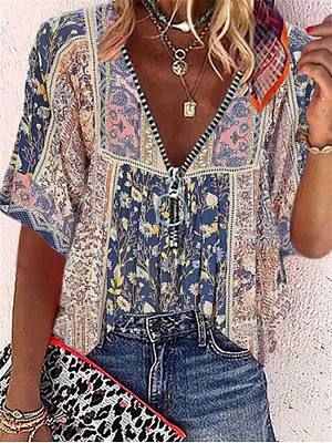 V-neck Zip-up Loose Casual Floral Print Short Sleeve Blouse V-neck Zip-up Loose Casual Floral Print Short Sleeve Blouse