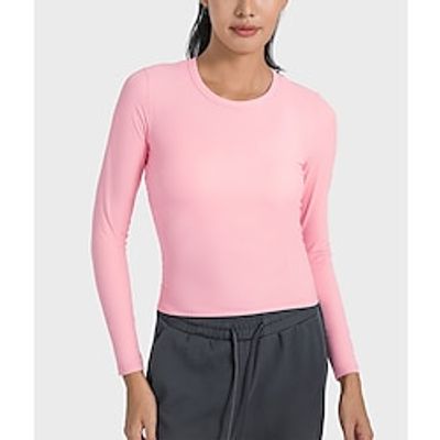 Women's Running T-Shirt Solid Color Ribbed Black White Pink Yoga Fitness Crew Neck High Elasticity Spring   Fall Lightinthebox
