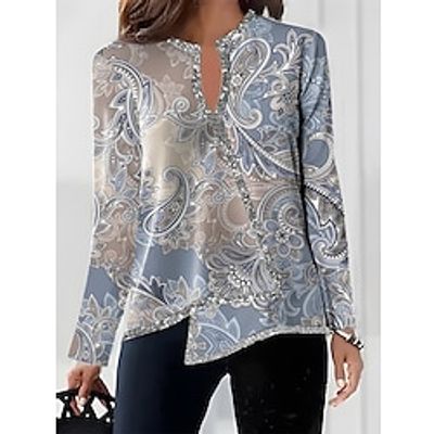 Women's Shirt Blouse Paisley Blue Purple Green Print Asymmetric Hem Long Sleeve Casual Fashion V Neck Regular Fit Fall  Winter Lightinthebox
