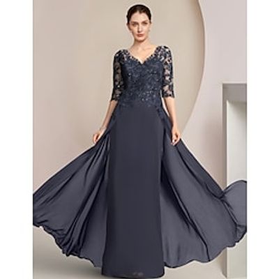 Sheath  Column Mother of the Bride Dress Formal Wedding Guest Elegant V Neck Floor Length Chiffon Lace Half Sleeve with Sequin Appliques 2023 Lightinthebox