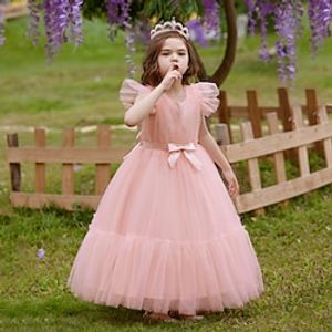 Kids Girls' Party Dress Solid Color Short Sleeve Formal Performance Pegeant Mesh Tie Knot Daily Princess Beautiful Cotton Polyester Maxi Party Dress Spring Fall Winter 8 to 13 Years White Pink Red Lightinthebox