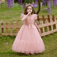 Kids Girls' Party Dress Solid Color Short Sleeve Formal Performance Pegeant Mesh Tie Knot Daily Princess Beautiful Cotton Polyester Maxi Party Dress Spring Fall Winter 8 to 13 Years White Pink Red Lightinthebox - thumbnail