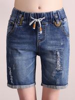 Casual Denim Drawstring Waist Hole Women Shorts