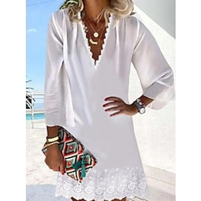 Women's Lace Dress White Dress Midi Dress White Long Sleeve Pure Color Lace Winter Fall V Neck Stylish Modern Fall Dress 2022 S M L XL 2XL  Winter Dress Lightinthebox