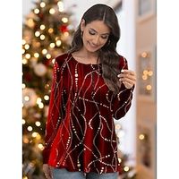 Christmas Shirt Women's Designer Shirt Blouse Velvet Striped Sparkly Red Button Flowing tunic Print Long Sleeve Party Christmas Casual Festival  Holiday Round Neck Regular Fit Fall  Winter Lightinthebox - thumbnail