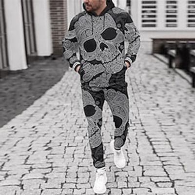 Men's Tracksuit Hoodies Set Gray Hooded Graphic Skull 2 Piece Print Sports  Outdoor Casual Sports 3D Print Basic Streetwear Designer Fall Spring Clothing Apparel Hoodies Sweatshirts  miniinthebox