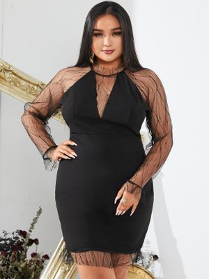 YOINS Plus Size Crew Neck Mesh Patchwork Long Sleeves Mini Dress YOINS Plus Size Crew Neck Mesh Patchwork Long Sleeves Mini Dress