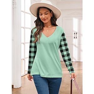 Women's T shirt Tee Plaid Casual Daily Yellow Pink Blue Print Long Sleeve Fashion V Neck Regular Fit Spring   Fall Lightinthebox