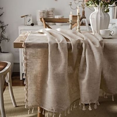 Cream Linen Table Cloth for Square Table Farmhouse Burlap Tablecloth with Tassel Washable Wrinkle Free Fabric Table Cover for Kitchen Dining Room Ivory Natural Home Decoration, Square, Lightinthebox