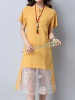 Women Patchwork Plate Buckles Short Sleeve Vintage Dresses