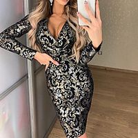 Women's Sheath Dress Knee Length Dress Black Long Sleeve Floral Print Spring Summer V Neck Stylish Casual Modern 2022 S M L XL miniinthebox - thumbnail