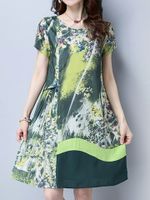 Women Patchwork Short Sleeve Printed Vintage Dresses