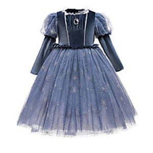 Kids Little Girls' Dress Solid Colored Snowflake A Line Dress Birthday Performance Ruched Mesh Lace Blue Maxi Long Sleeve Princess Costume Dresses Fall Spring Regular Fit 2-8 Years miniinthebox