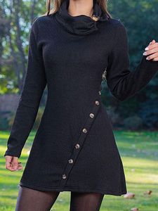 Button Sexy Package Hip Skirt Long Sleeve Short Dress