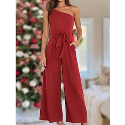 Women's Jumpsuit Pocket High Waist Solid Color One Shoulder Elegant Party Christmas Regular Fit Sleeveless Yellow Army Green Red S M L Fall Lightinthebox