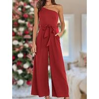 Women's Jumpsuit Pocket High Waist Solid Color One Shoulder Elegant Party Christmas Regular Fit Sleeveless Yellow Army Green Red S M L Fall Lightinthebox - thumbnail