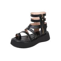 Women's Sandals Buckle Flat Heel Open Toe Preppy Minimalism Daily PU Leather Zipper Fall Summer Solid Colored Black Ivory miniinthebox - thumbnail