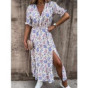 Women's Casual Dress A Line Dress Floral Tropical Split Print V Neck Long Dress Maxi Dress Streetwear A Line Street Holiday Short Sleeve Loose Fit Pink Red Blue Summer S M L XL 2XL Lightinthebox