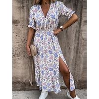 Women's Casual Dress A Line Dress Floral Tropical Split Print V Neck Long Dress Maxi Dress Streetwear A Line Street Holiday Short Sleeve Loose Fit Pink Red Blue Summer S M L XL 2XL Lightinthebox