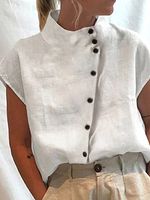 Short Sleeves Buttoned Casual Linne Blend Blouse
