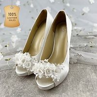 Women's Heels Wedding Shoes Dress Shoes Wedding Party Wedding Heels Flower Stiletto Heel Peep Toe Elegant Satin Loafer White Lightinthebox - thumbnail