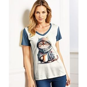 Women's T shirt Tee Animal Cat Casual Black White Blue Print Short Sleeve Fashion Funny V Neck Regular Fit Spring  Summer Lightinthebox