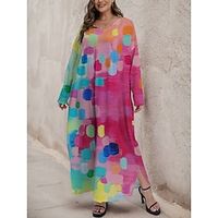Women's Plus Size Curve Casual Dress Winter Dress Color Block Gradient Long Dress Maxi Dress Long Sleeve Print V Neck Fashion Outdoor Pink Fuchsia Fall Winter L XL XXL 3XL 4XL Lightinthebox - thumbnail