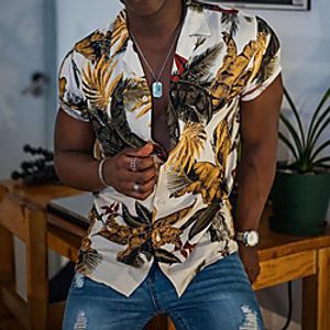 Men's Shirt Leaves Button-Down Print Short Sleeve Street Tops Casual Fashion Breathable Comfortable Yellow miniinthebox