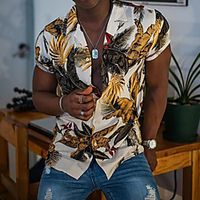 Men's Shirt Leaves Button-Down Print Short Sleeve Street Tops Casual Fashion Breathable Comfortable Yellow miniinthebox - thumbnail