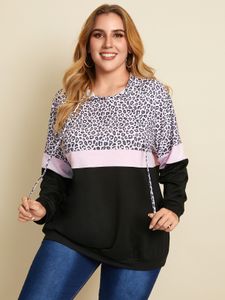 YOINS Plus Size Pullover Leopard Lace-up Design Long Sleeves Sweatshirt