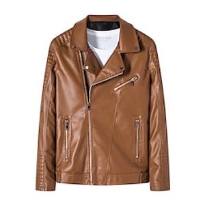Men's Leather Jacket Windproof Daily Wear Vacation Going out Zipper Turndown Streetwear Stylish Casual Jacket Outerwear Plain Zipper Pocket Black Yellow Dark Blue Lightinthebox