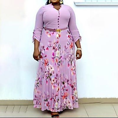 Women's Plus Size A Line Dress Floral V Neck 34 Length Sleeve Spring Summer Casual Maxi long Dress Causal Daily Dress Lightinthebox