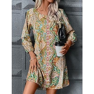 Women's Casual Dress Ethnic Dress Floral Tribal Print Crew Neck Mini Dress Fashion Ethnic Outdoor Daily 34 Length Sleeve Loose Fit Green Fall Winter S M L XL Lightinthebox
