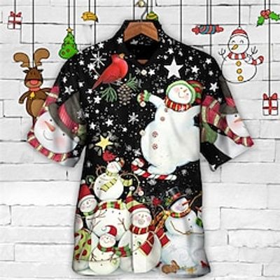 Snowman Casual Men's Shirt Outdoor Christmas Street Fall Turndown Short Sleeve Black S M L Shirt Lightinthebox