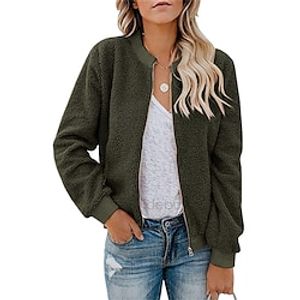 Women's Teddy Coat Fall Plain Bomber Jacket with Pockets Stand Collar Regular Fit Casual Jacket Winter Warm Party Daily Wear Regular Coat Breathable Stylish Daily Long Sleeve Lightinthebox