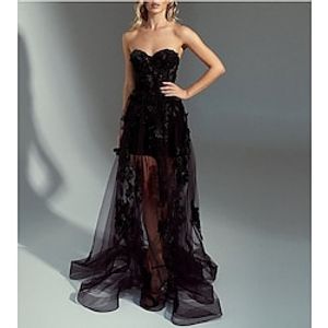 A-Line Evening Gown Floral Dress Wedding Court Train Sleeveless Strapless Detachable Organza with Overskirt Appliques 2023 Lightinthebox